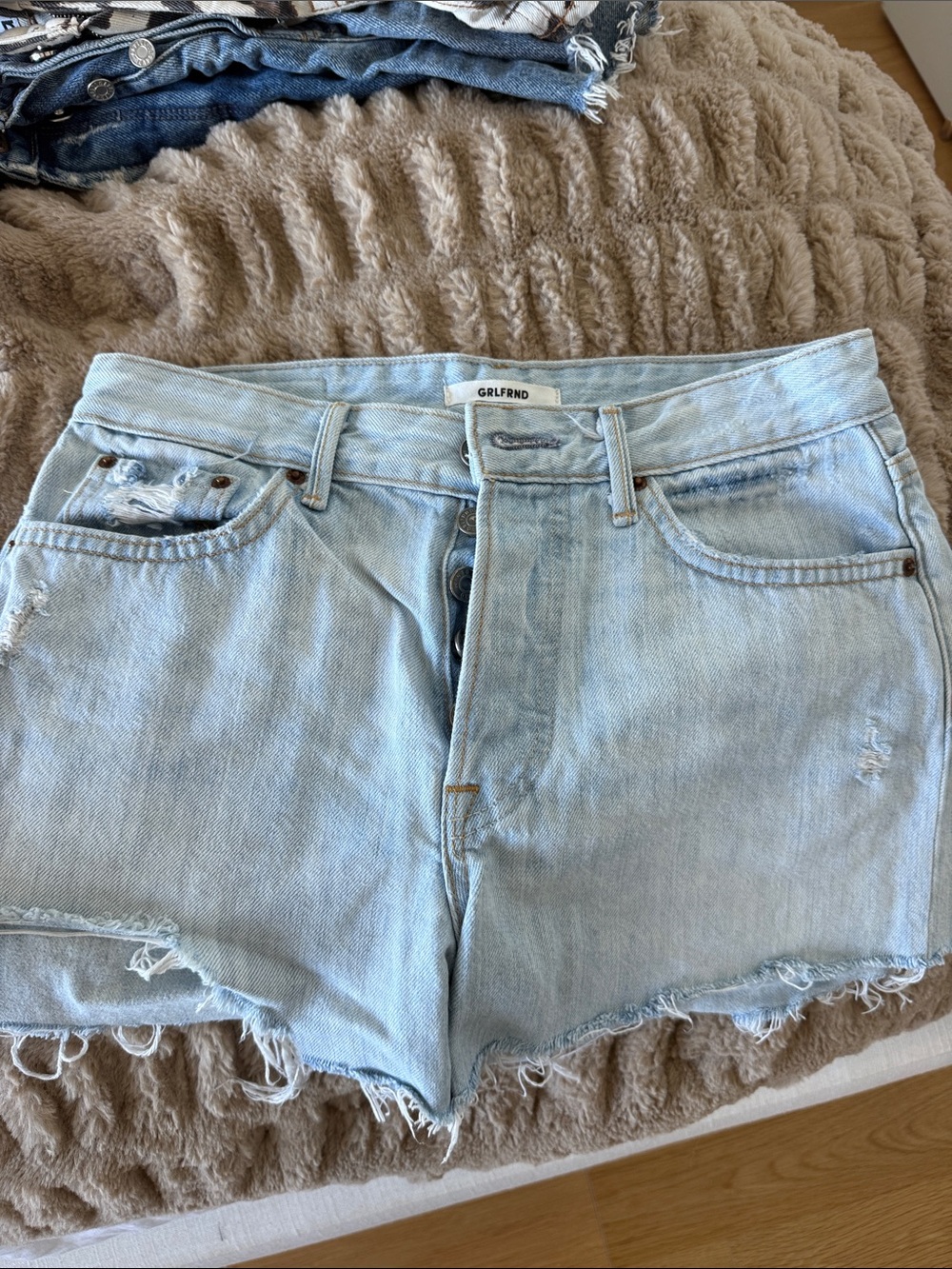 GRLFRND Pale Blue Distressed Denim Cutoff Shorts
